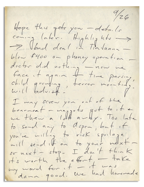 Hunter S. Thompson Autograph Letter Signed From 1961 -- ''...time passing, child growing, terror mounting...''